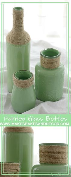 painted glass bottles from Makes, Bakes and Decor. Use this technique to paint the inside of glass bottles and jars to turn them into decorative vases. Upcycling Jars, Cut Bottles, Decorating Bottles, Painting Bottles, Upcycled Bottles, Seashore Decor, Bottle Decorations, Crafts With Glass Jars, Painting Glass Jars