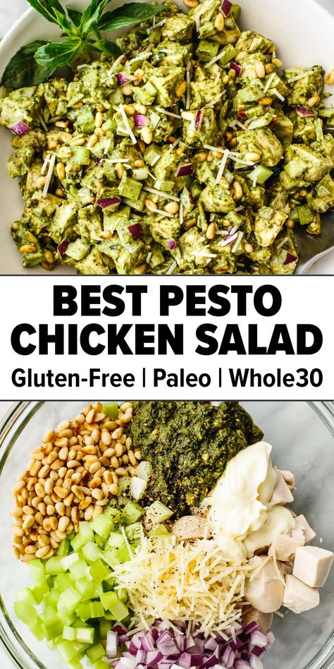 Basil pesto chicken salad Whole 30 Basil Recipes, Healthy Pesto Salad, Pesto Chicken Salad Wrap, Chicken Pesto Salad Recipes, Basil Pesto Chicken Salad, Pesto Bowl Recipe, Pesto Dinner Recipes Healthy, Whole30 Salad Recipes, Summer Pesto Recipes