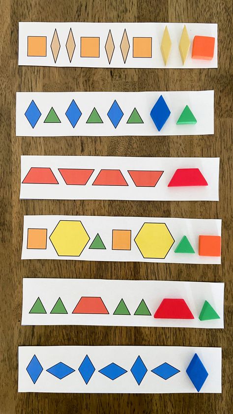 patterning activities Shapes First Grade Activities, Math Blocks Activities Preschool, Activities For Shapes For Kindergarten, First Grade Pattern Activities, Geometry Kindergarten Activities, Shape And Pattern Art, Patterns In Kindergarten Activities, Simple Math Centers Kindergarten, Shapes And Patterns Activities