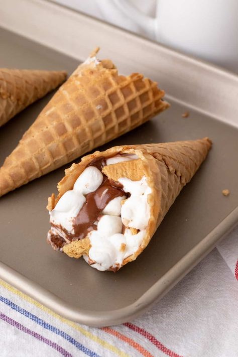 S’mores Ice Cream Cones, Smores Ice Cream Cones, S’mores In Ice Cream Cone, S’mores In A Cone, Marshmallow Ice Cream Cones, Waffle Cone Smores Campfires, S’mores Cones, Ice Cream Cone Smores, Waffle Cone Smores