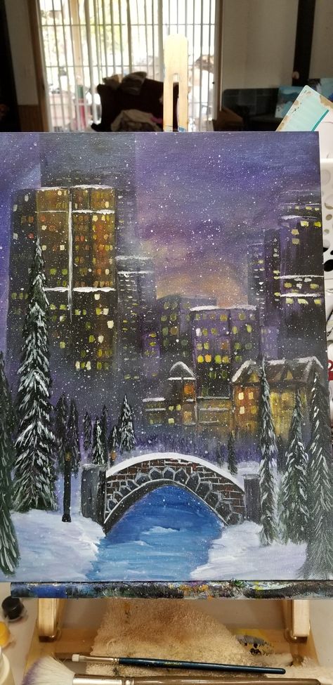 Acrylic painting Winter City Painting, Winter Town Painting, Winter Acrylic Painting Ideas, Acrylic Painting Buildings, Big Canvas Painting Ideas Acrylic, Acrylic Painting Beginner, Winter In The City, Town Drawing, Easy Paintings For Beginners