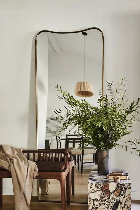 Disc Interiors, Brown Chair, Entryway Mirror, California Cool, Brown Living Room, Rectangle Mirror, West Lake, Round Mirror, Custom Bed