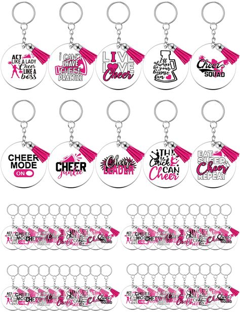 PRICES MAY VARY. Sufficient Quantity: you will receive 50 pieces of cheer keychain bulk in 10 assorted styles, 5 pieces for each style, and each cheer keychain is equipped with a tassel; The sufficient quantity is enough for your daily needs and replacement demands, you can also share them with your friends and your teammates Cheerleader Theme Design: cheer acrylic keychain blanks are printed with various cheer patterns on one side, another side is clear, which are related to cheerleading, such Keychains On Cricut, Cheer Pom Keychain, Cheer Keychain Bows, Best Friend Keychain Cricut, Cheer Brush Gifts, Cheer Squad Christmas Gifts, Cheer Competition Goodie Bags, Cheer Gifts For Team Goody Bags, Cheerleading Keychains