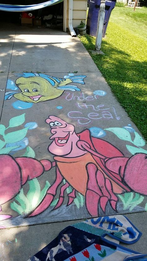 Ariel Chalk Art, Moana Chalk Art, Under The Sea Chalk Art, Tangled Chalk Art, Chalk Art Ideas Disney, Sidewalk Chalk Art Disney, Cartoon Chalk Art, Mermaid Chalk Art, Chalk Art Disney