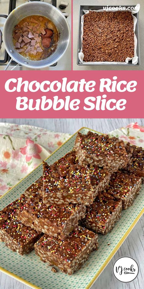 A delicious crunchy and chewy slice made with milk chocolate, rice bubbles and dried apricots. This homemade slice is a great treat for school lunch boxes, afternoon tea or children's birthday parties. A melt and mix slice with no baking required and only one pot to clean. #vjcooks #homemadebaking #ricebubbleslice #chocolatericebubbleslice Chocolate Rice Bubble Slice, Rice Bubble Recipes, Rice Bubble Slice, Nz Recipes, Lunchbox Snacks, Chocolate Caramel Slice, Vj Cooks, Slice Recipes, No Bake Slices