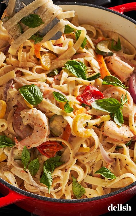 This One-Pot Shrimp Primavera Pasta Is The Best Way To Eat Your VeggiesDelish Shrimp Primavera Pasta, Shrimp Primavera, Shrimp Pasta Primavera, One Pot Shrimp, Easy Cheap Dinner Recipes, Easy Cheap Dinners, Best Seafood Recipes, Pasta Primavera, Shrimp Recipes Easy