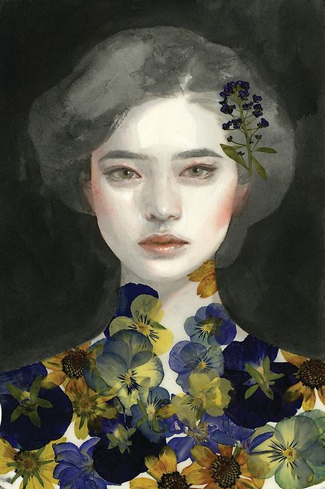 “Study No. 80, a portrait study of a woman for personal experimentation, is made with acrylic, colored pencil and pressed flowers on paper.&rdqu... Easy Pencil Drawing, Tran Nguyen, Ib Art, Barnett Newman, Amedeo Modigliani, Marc Chagall, Communication Art, Pierre Auguste Renoir, Ap Art