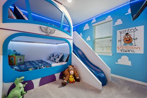 Ultimate Toy Story Room.  Buzz Lightyear bunkbed and slide.  Full size beds.  Woody, Buzz, Mr. Potatoes Head, Bullseye, Forky. Buzz Lightyear Room Ideas, Buzz Lightyear Nursery, Boys Disney Bedroom, Buzz Lightyear Room Decor, Buzz Lightyear Bedroom Ideas, Buzz Lightyear Bedroom, Toy Story Themed Room, Disney Boy Room, Toy Story Kids Room