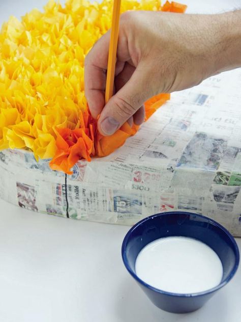 Add the tissue paper to the piñata about 3/4” apart to fill in the sections… Tissue Paper Centerpieces, How To Make Pinata, Paper Plate Animals, Pinata Stick, Tissue Paper Craft, Birthday Pinata, Tissue Paper Crafts, Tissue Flowers, Halloween Paper Crafts