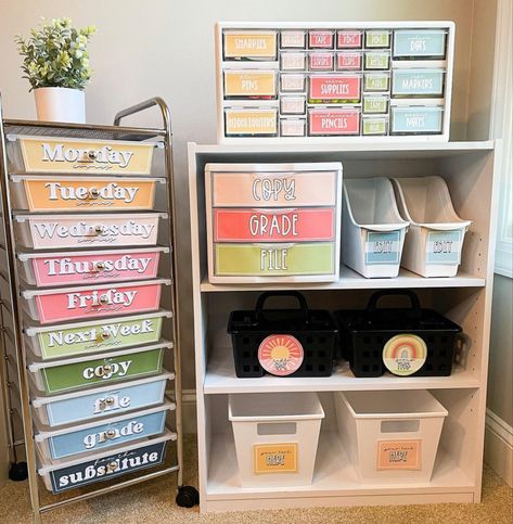 Classroom Office Organization, Cute Classroom Decor Middle School, Pinterest Classroom Ideas, Teacher Desk Kindergarten, Daycare Teacher Desk Ideas, Teacher Classroom Inspiration, Organizing Classroom Ideas, Class Desk Organization, 1st Grade Desk Organization