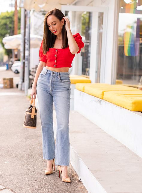 Sydne Style shows july 4th outfit ideas in red top and jeans #croptop  #highwaist #louboutin #puffsleeve @sydnesummer Stylish Crop Tops On Jeans, What To Wear With A Red Top, Crop Top On Jeans, Red And Jeans Outfits, Red Top Jeans Outfit, Poses In Crop Top And Jeans, Jeans Top Outfit For Women, Jeans With Crop Top Outfit, Casual Tops For Women With Jeans