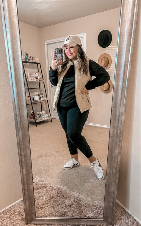 Casual errand running outfit for the winter Plus Size Sports Outfits, Mom Leggings Outfits Winter, Cute Fall Outfits Plus Size Casual Comfy, Size 20 Winter Outfits, Casual Fall Outfits With Tennis Shoes, Comfortable Travel Outfit Plus Size, Plus Size Leggings Outfit Fall Casual, Beanie Outfit Plus Size, Plus Size Colorado Outfit