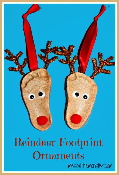 We love salt dough crafts! Here are some adorable Reindeer Footprints Ornaments that you can easily make yourself using a homemade recipe. #HandprintHolidays Reindeer Footprint, Dough Crafts, Juleverksted For Barn, Salt Dough Crafts, Footprint Craft, Handprint Ornaments, Reindeer Craft, Footprint Crafts, Salt Dough Ornaments