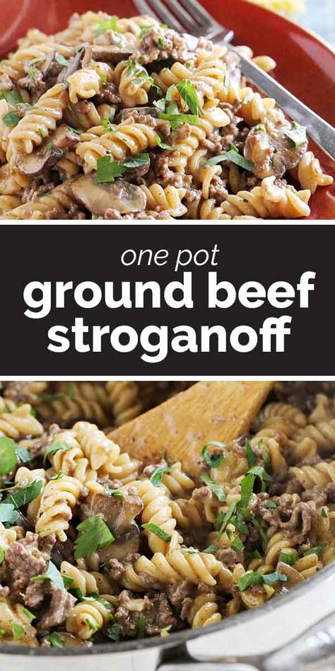 Comforting and humble, this One Pot Ground Beef Stroganoff is full of beefy flavor. And there is only one pot to clean up after dinner! #recipe #dinner #easydinner #beef #groundbeef #beefstroganoff One Pot Ground Beef Stroganoff, Stroganoff Casserole, Ground Beef Stroganoff Recipe, Easy Ground Beef Stroganoff, Beef Stroganoff Recipe, Slow Cooker Beef Stroganoff, Ground Beef Stroganoff, One Pot Dinners, Stroganoff Recipe