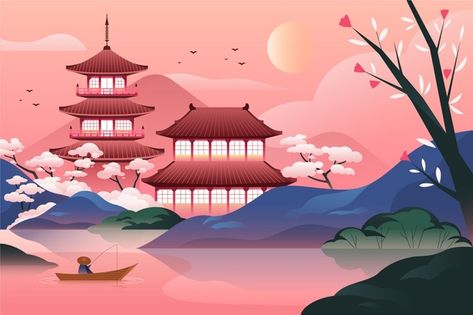 Gradient japanese temple with lake Free ... | Free Vector #Freepik #freevector #building #nature #japan #landscape Japanese Landscape Art, Japan Background, Castle Illustration, Japan Illustration, Japan Landscape, Japanese Castle, Mont Fuji, Japanese Temple, Japanese Landscape