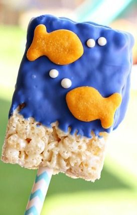 Backyard Pool Party, Underwater Birthday, Shark Themed Birthday Party, Fishing Birthday Party, Goldfish Crackers, Ocean Birthday, Rice Krispies Treats, Krispies Treats, Cereal Treats