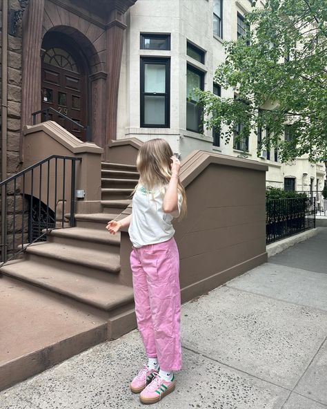 rainy sunday 🌧️🌿🌷 #nyc #manhattan #upperwestside #metgala #themet #rainysunday #thegrandbazaar #fleamarket #ootd #springtrends Pink And Green Sambas Outfit, Pink And Green Gazelle Adidas Outfit, Pink And Green Adidas Gazelle Outfit, Green Adidas Gazelle, Adidas Samba Outfit Women, Gazelle Outfit, Boxer Shorts Outfit, Adidas Gazelle Outfit, Samba Adidas