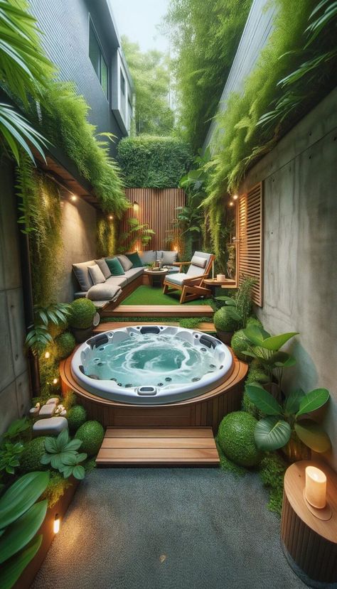 30+ Genius Narrow Backyard Ideas That Maximize Space 60 Small House Backyard Ideas, Mini Resort Ideas, Resort Ads, Narrow Garden Ideas, Narrow Gardens, Narrow Backyard, Jacuzzi Exterior, Narrow Backyard Ideas, Indoor Backyard