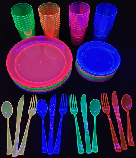 PRICES MAY VARY. COOL BRIGHT GLOW IN THE DARK COLORS - Great for your next glow in the dark party whether it's a birthday, a family reunion, a dance party or an 80's extravaganza, a black light party festival is always a fun way to celebrate DURABLE HEAVY DUTY DISPOSABLE PLASTIC - when making this set we only use premium quality bpa free food safe plastic. ADD A LIVELY POP OF COLOR TO ANY PARTY TABLE; Serve all your drinks, snacks, food, cake and desserts on our fancy, color assorted plates and Glow In The Dark Tablecloth, Neon Sleepover, Neon Dance Party, Neon Pool Parties, Black Light Party, Glow Theme Party, Neon Party Supplies, 14th Birthday Party Ideas, 80s Birthday Parties