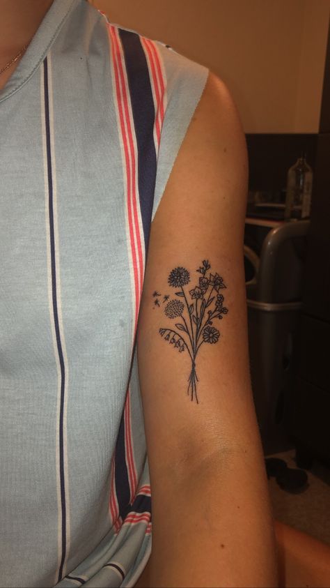 bouquet of flowers tattoo Tattoo Of Bouquet Of Flowers, Flower On Bicep Tattoo, Bicep Bouquet Tattoo, Bouquet Of Different Flowers Tattoo, Flower Bouquet Tattoo Bicep, Bicep Tattoo Women Flower, Fall Bouquet Tattoo, Wildflower Tattoo Bicep, Degrassi Tattoo