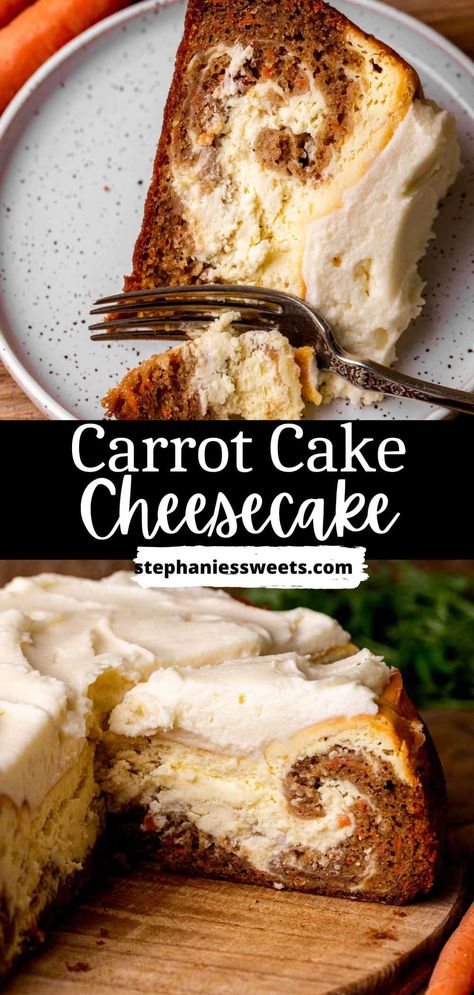 This carrot cake cheesecake is a combination of carrot cake and a cheesecake! It has swirls of carrot cake and cheesecake. It is topped with cream cheese frosting. This is the best of both desserts! Cake And Cheesecake, Carrot Cake Dessert, Carrot Cake Cheesecake Recipe, Carrot Cheesecake, Easter Carrot Cake, Carrot Cake Cheesecake, Easy Carrot Cake, Cake Cheesecake, Easter Desserts