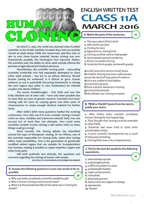 HUMAN CLONING - 11th grade test - English ESL Worksheets for distance learning and physical classrooms 11th Grade English, Human Cloning, Ela Writing, 11th Grade, Free Worksheets, Reading Worksheets, Teaching Jobs, Esl Worksheets, English Class