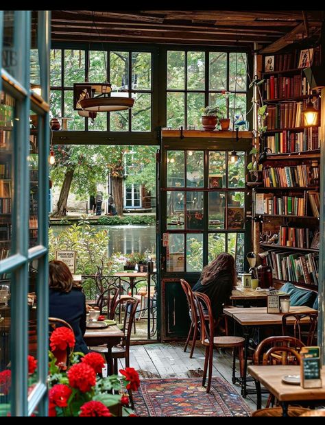 Cafe In Library, Cozy Tea Shop Aesthetic, Coffee Shop In A House, Cottagecore In The City, Library With Cafe, Small Cafe Design Cozy, Comfy Bookstore, Books And Coffee Shop, Romantic Coffee Shop