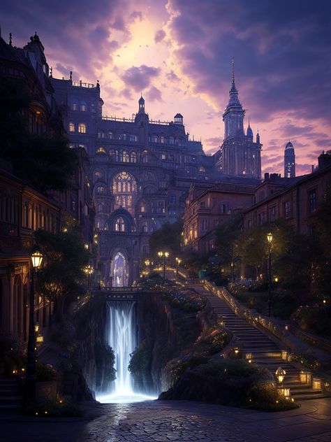 Magic Fantasy City Aesthetic, Night Castle Aesthetic, Modern Fantasy City Aesthetic, Witch Town Aesthetic, Night Fantasy Aesthetic, Fantasy Astethic, Fantasy Places City, Fantasy Setting Inspiration, Fantasy City Aesthetic