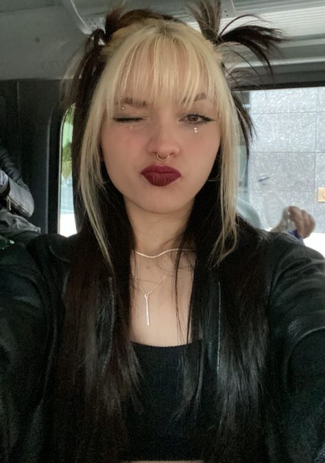 White And Black Hair With Bangs, Skunk Chunky Hair, Skunk Hair Front Pieces, Whispy Front Bangs Money Piece, Platinum Blonde Bangs With Black Hair, Front Bangs Dyed Blonde, Bangs Dyed Only Blonde, Bleached Bangs Black Hair, Bangs Bleached Hair