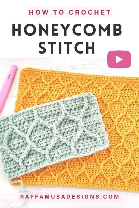 two crochet swatches were made using the crochet textured honeycomb stitch pattern Crochet Honeycomb, Aesthetic Crochet Blanket, Crochet Blanket Stitch, Foundation Half Double Crochet, Honeycomb Stitch, Crochet Bottoms, Basketweave Stitch, Crochet Bee, Aesthetic Crochet