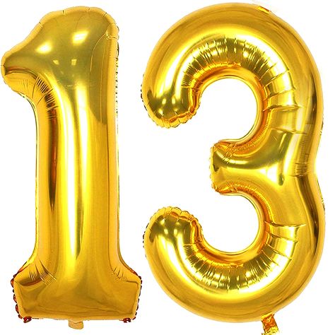 PRICES MAY VARY. PERFECT SUITABLE FOR:The bright gold 13 number foil Mylar balloons are the best choice for:13th birthday party,wedding,graduation anniversary,holiday celebration,business,big events,school class party,Halloween,Christmas and New Year party decoration.You can stick the gold 13 number balloons on the wall,window or door,you can inflate with both helium or air,you can even place them on the bed, floor or table,provide your party or home a good display. PACKAGE CONTENTS: 2 Pieces 40