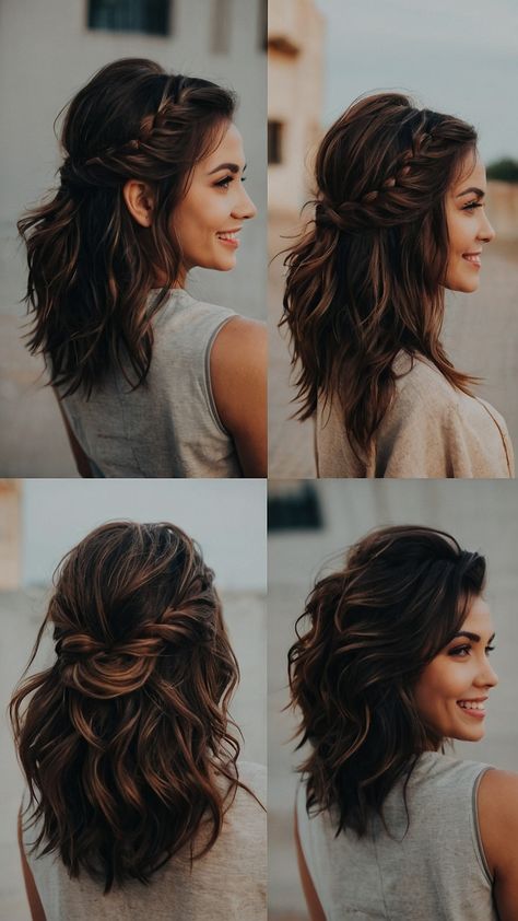 Get ready for your next Homecoming with these hoco hairstyles for all hair types - straight hair simple half up short hair updos half up half down long hair inspiration medium length styles natural curly looks short and easy styles and shoulder length hair ideas Perfect for any special occasion Half Up Wedding Guest Hairstyles Medium Length, Maid Of Honor Hair Medium Length, Half Up Half Down Lob Hairstyles, Half Up Semi Formal Hairstyles, Half Updo Curly Hair Natural, Lob Half Up Half Down, Bridesmaid Hair Down Medium Length, Half Up Hair Bridesmaid, Medium Length Hair Bridesmaid Style