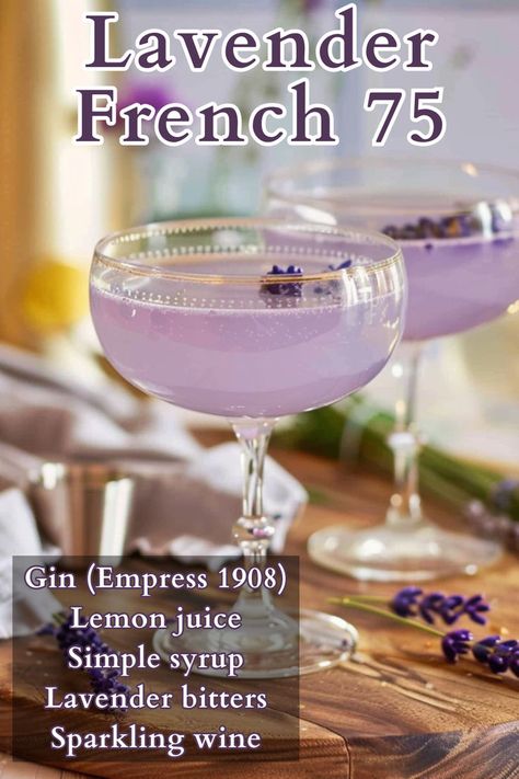 Step into the enchanting Lavender Haze with our twist on the classic French 75, inspired by Taylor Swift’s ethereal tune. This cocktail blends the traditional spark of Empress gin and champagne with a dreamy dash of lavender bitters, adding a floral note that’s as captivating as the song itself. Lavender Bitters, French 75 Recipe, Empress Gin, Spritz Drink, French 75 Cocktail Recipes, Easy Gin Cocktails, Easy Cocktail Recipe, Cocktails To Make At Home, Sparkling Wine Cocktails