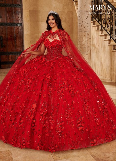 Cape Quinceanera Dress by Alta Couture MQ3075 – ABC Fashion Quinceanera Red Theme, Red Sweet 16 Dresses, Red Quince Dress, Cape Dress Long, Red And Gold Dress, Gold Quinceanera, Quincenera Dresses, Red Ball Gowns, Quinceanera Themes Dresses