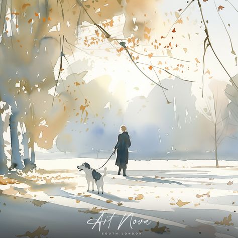 Immerse yourself in the tranquil beauty of "Autumn Park Stroll: Woman and Dog," as depicted in our watercolour painting. Follow the gentle footsteps of a woman and her loyal companion as they wander through the serene ambiance of an autumn park. Bathed in muted earthy tones, fallen leaves carpet the ground while warm sunlight filters through the trees, casting a peaceful glow over the scene. Join them in embracing the simple joys of nature and companionship during this tranquil autumn stroll. HO Landscape With People, Unique Watercolor Paintings, Tranquil Artwork, Dog Watercolour, Woman And Dog, Dog Watercolor Painting, Minimalist Landscape, Autumn Park, Simple Joys