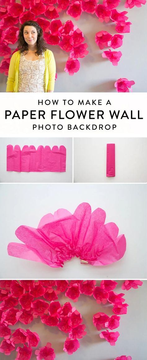 This paper flower wall is easy, fast, and very affordable. The tissue paper flower idea is simple to create and perfect for showers, weddings, parties, birthdays, and lots more. Click for the tutorial to make this photo backdrop for photography or parties. Tissue Paper Flowers Easy, Easter Photo Backdrop, Paper Flower Backdrop Diy, Paper Origami Flowers, Flower Backdrops, Tissue Paper Flowers Diy, Diy Photo Backdrop, Tissue Flowers, Easy Paper Flowers