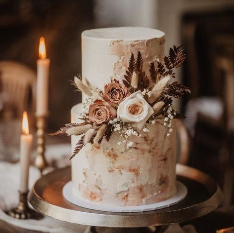 Floral Cake Inspiration, Flower Cake Topper Wedding, Boho Wedding Cake 2 Tier, Rust Cake Wedding, Wedding Cake Terracotta Flowers, Wedding Cake Country Rustic, Dried Flowers Wedding Cake, Small Wedding Cakes Two Tier, Wedding Cake Designs Rustic