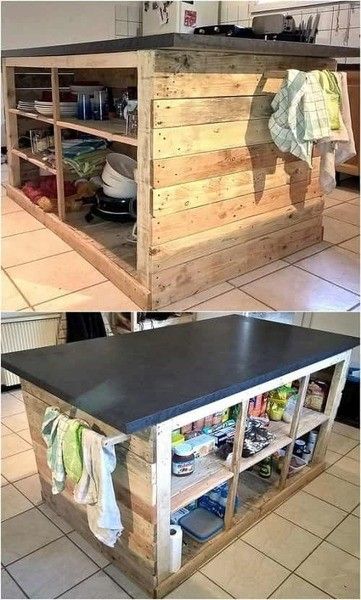 DIY Ideas to Furnish Your Mobile Home With Pallets | Mobile Home Living Pallet Kitchen Island, Portable Kitchen Island, Kitchen Island Storage, Freestanding Kitchen Island, Organiser Cucina, Kitchen Island On Wheels, Pallet Kitchen, Diy Crate, Rolling Kitchen Island