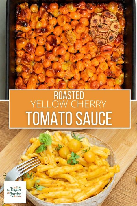 Roasted Yellow Cherry Tomato Sauce – The Vegan Larder Grape Tomato Recipes, Cherry Tomato Pasta Sauce, Yellow Cherry Tomatoes, Mediterranean Vegan, Tomato Salsa Recipe, Cherry Tomato Recipes, Cherry Tomato Sauce, Roasted Tomato Sauce, Easy Tomato Sauce