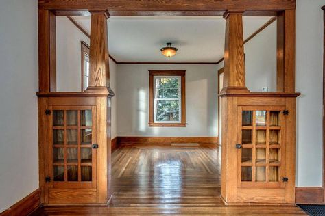 Craftsman Style Built Ins Bookcases, New Build Craftsman Style Interior, Craftsman Pillars Interior, Craftsman Style Archway, 1900s Craftsman Style Homes, Arts And Craftsman Style Interiors, Craftsman Built In Bookshelves, Craftsman Room Divider, Craftsman Columns Interior