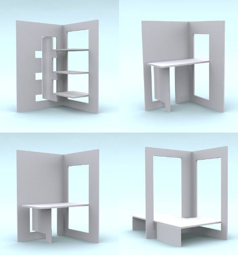 transforming-modular-cardboard-room1 Foldable Furniture, Desain Pantry, Flat Pack Furniture, Folding Furniture, Plywood Furniture, Cardboard Furniture, Modular Furniture, Digital Signage, Cardboard Crafts