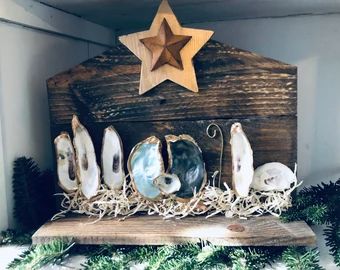 Shell Nativity Scene, Seashell Nativity, Oyster Shell Nativity, Shell Nativity, Diy Oyster Shell, Jesus Shepherd, 3 Wisemen, 3 Wise Men, Pistachio Shells