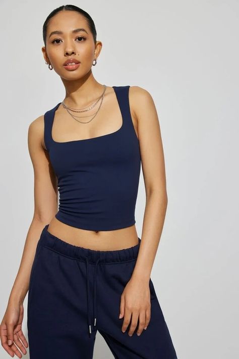 Amber Portrait Neck Tank Top, Mariana Blue Garage Tank Tops, Tight Tank Top, Square Neck Tank Top, Garage Clothing, Navy Blue Top, Tank Top Outfits, Woven Jacket, Square Neck Top, Next Clothes