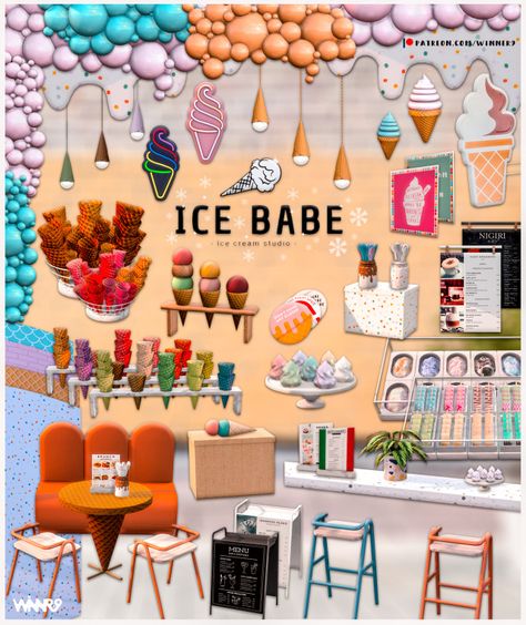 Sims 4 Ice Cream Cc, Sims 4 Ice Cream Shop, Springfield Simpsons, Romance Decor, Ts4 Builds, Ice Cream Kids, Sims 4 Kitchen, Die Sims 4, Ice Cream Stand