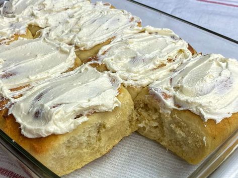 Baking pan of ermine frosted giant homemade cinnamon rolls Ermine Frosting, Homemade Cinnamon Rolls, Cinnamon Rolls Homemade, Baking Pan, Buttercream Frosting, Sweet Treat, Baking Pans, Cinnamon Rolls, Camembert Cheese