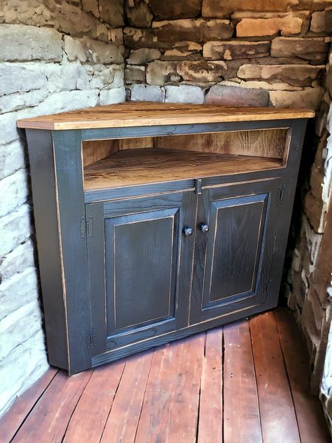 Corner TV Stand Cabinet, Rustic Entertainment Center, Farmhouse Style, Wood Media Storage by ChristianFredricks on Etsy Corner Tv Stand Repurposed, Repurposed Corner Tv Cabinet, Corner Tv Cabinet Ideas, Corner Tv Ideas Mounted Tv, Old Entertainment Center Repurpose, Entertainment Center Farmhouse, Rustic Corner Cabinet, Corner Tv Ideas, Corner Entertainment Center