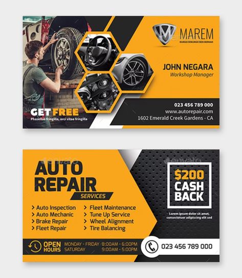 Auto Repair Business Card Template PSD Graphic Designer Visiting Card Ideas, Cart Visit Design, Business Card Fonts, Simple Website Design, Visiting Card Templates, Car Advertising Design, Business Card Template Psd, Graphic Design Business Card, Photoshop Tutorial Photo Editing