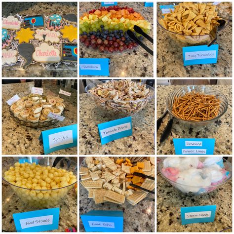 Twonado Party Food Ideas! #twonado #twonadoparty #tornado #tornadoparty #partyfoodideas #themedfood #weatherthemed #weather #2ndbirthdayparty 2 Nado Birthday Party, Tornado Party Food Ideas, Tornado Themed Snacks, Tornado Food Ideas, 2nado Birthday, Two Nado Birthday Party Decorations, Twonado Cookies, Weather Party Food, 4nado Birthday