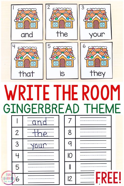 A free printable gingerbread sight word write the room activity for your Christmas literacy centers. Editable and perfect for kindergarten or first grade! Gingerbread Science Kindergarten, Gingerbread Sight Words, December Themes For Kindergarten, Christmas Spelling Words, Gingerbread Day First Grade, First Grade December Activities, Gingerbread Centers Kindergarten, Christmas Write The Room Kindergarten, Christmas Phonics Kindergarten