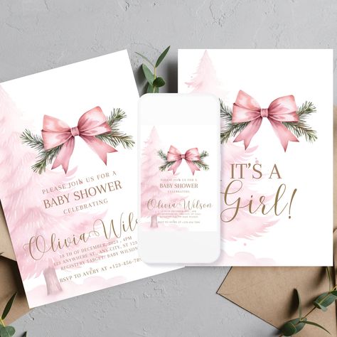 Pink Christmas Tree Baby shower Invitation, Winter Girl Baby Shower Invitations, Winter Pink Digital Baby Shower, Instant Download by Thecreativelotuslab on Etsy Palet Ideas, Rose Invitations, Girl Baby Shower Invitations, Winter Baby Shower Themes, Winter Girl, Christmas Baby Shower, Shower Bebe, Pink Christmas Tree